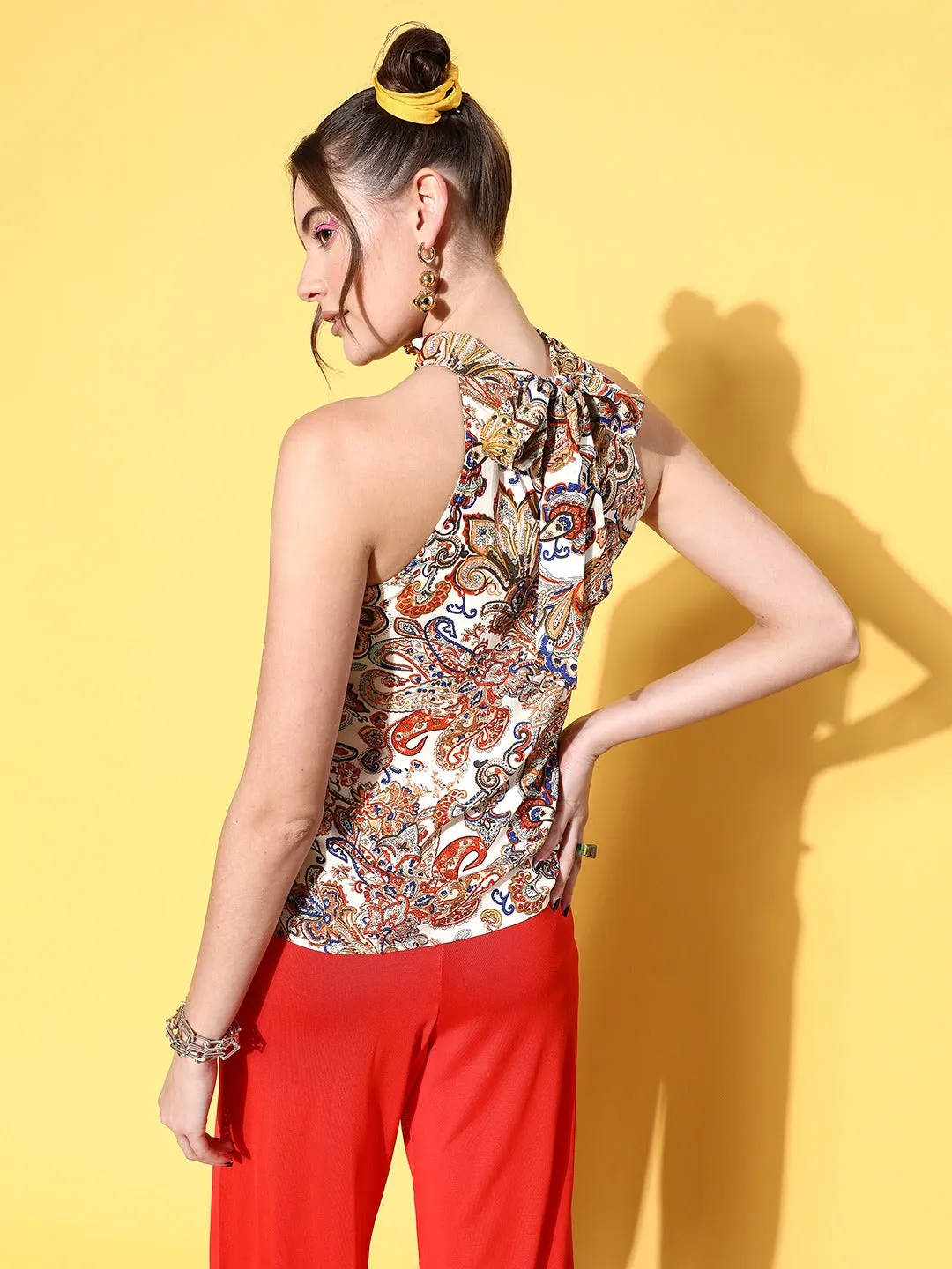 Berrylush Women Off-White & Brown Paisley Printed High Neck Sleeveless Tie-Up Back Regular Top