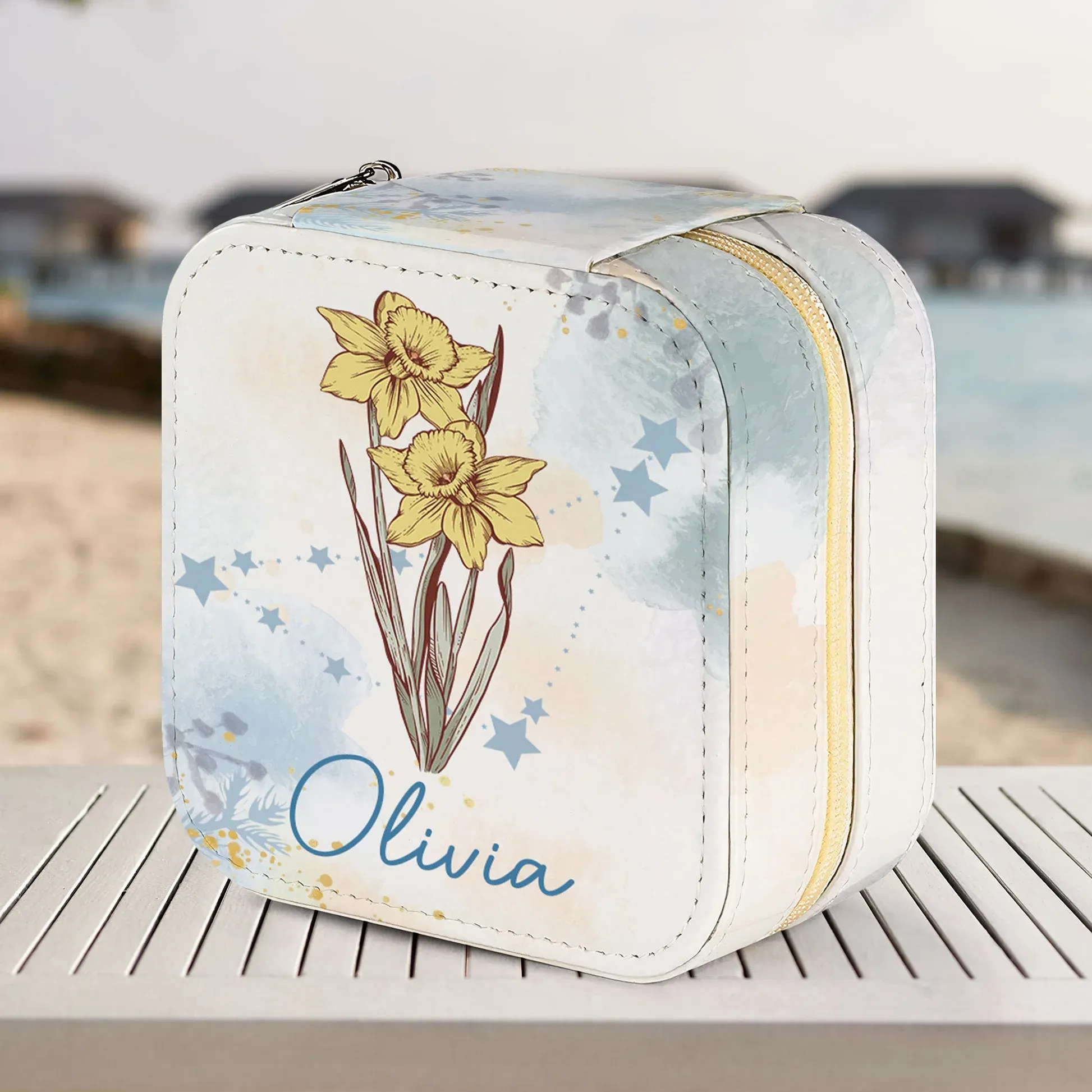 Birth Month Flower With Zodiac Sign - Personalized Square Jewelry Box - Gift For Mom, Mother's Day, Birthday Gift