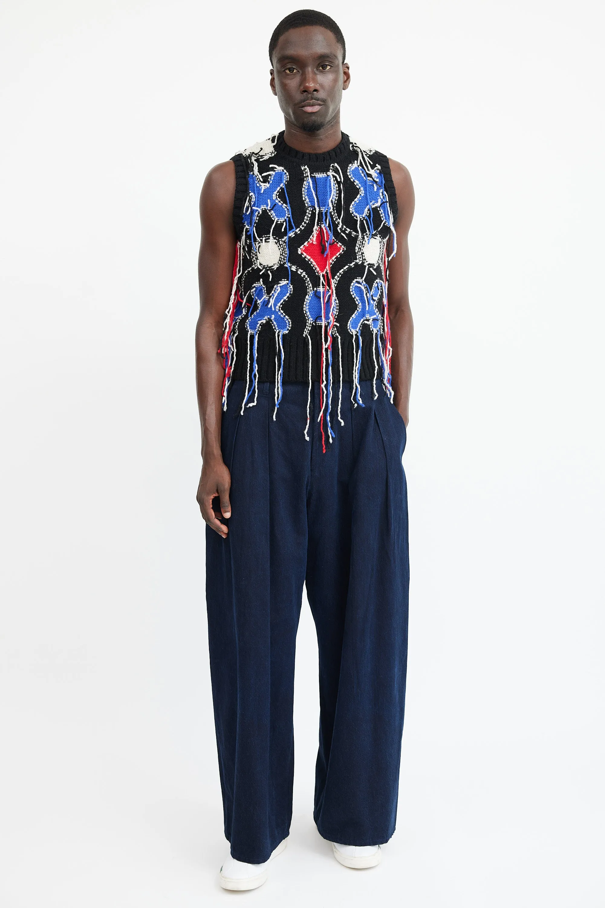 Black & Multicolour Wool Fringe Knit Vest