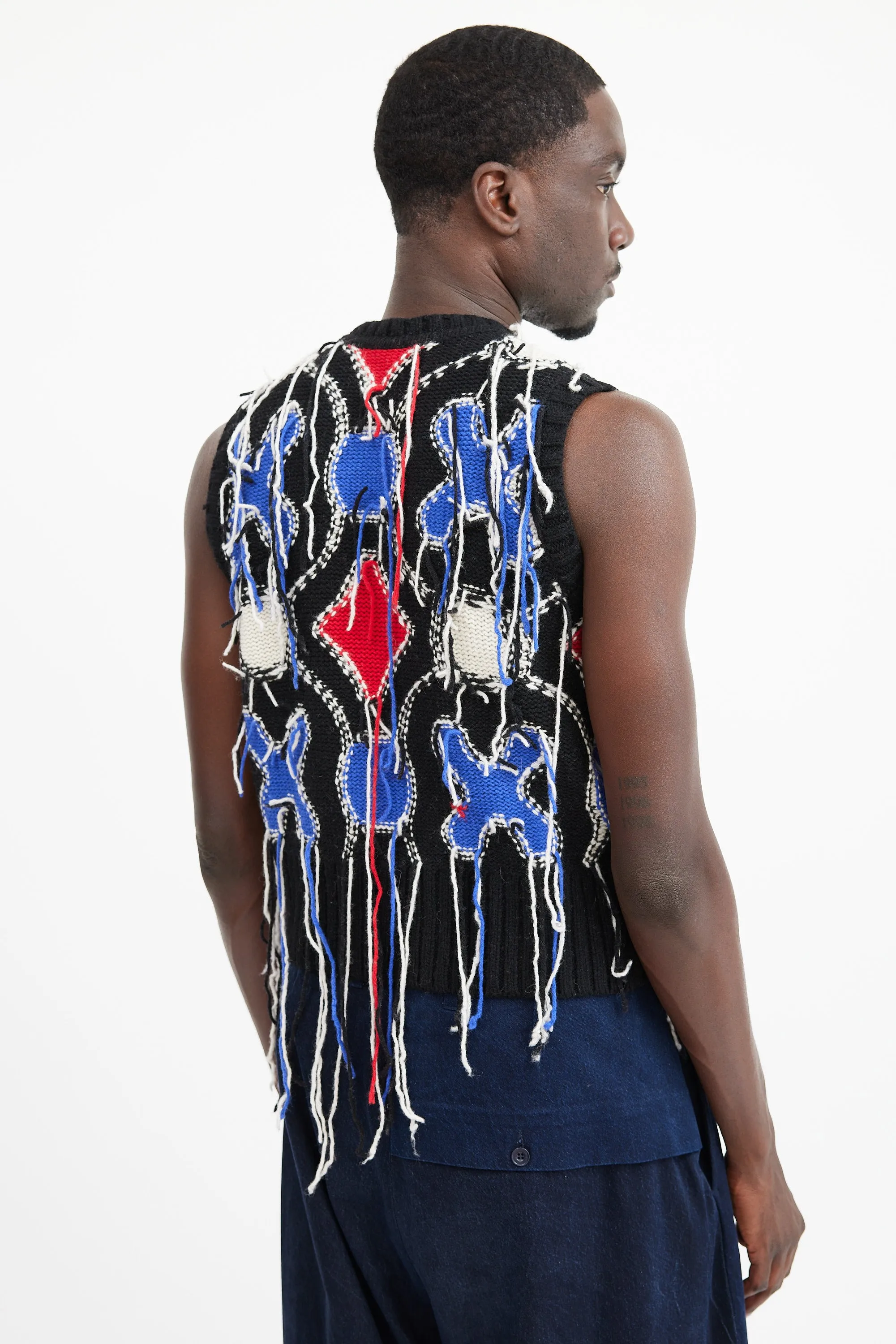 Black & Multicolour Wool Fringe Knit Vest