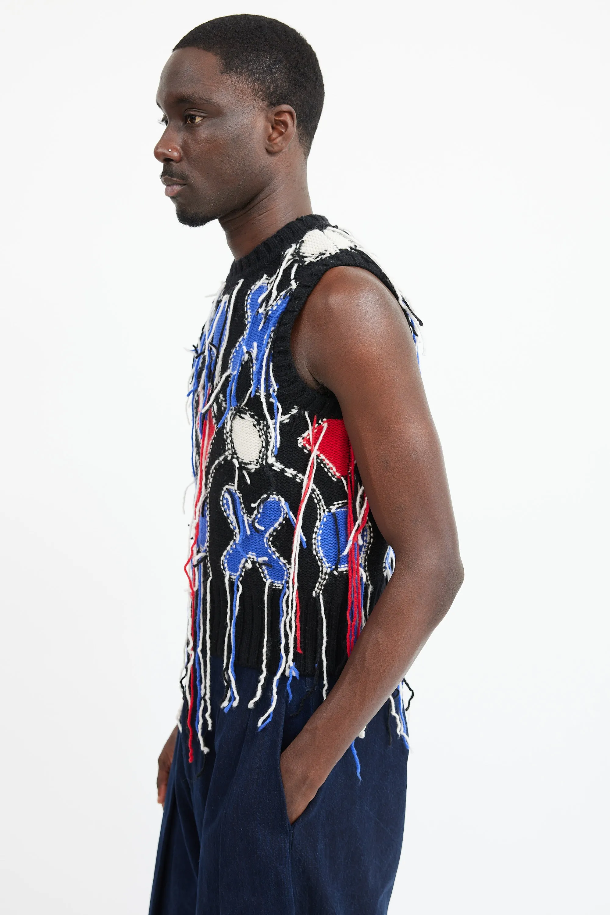 Black & Multicolour Wool Fringe Knit Vest