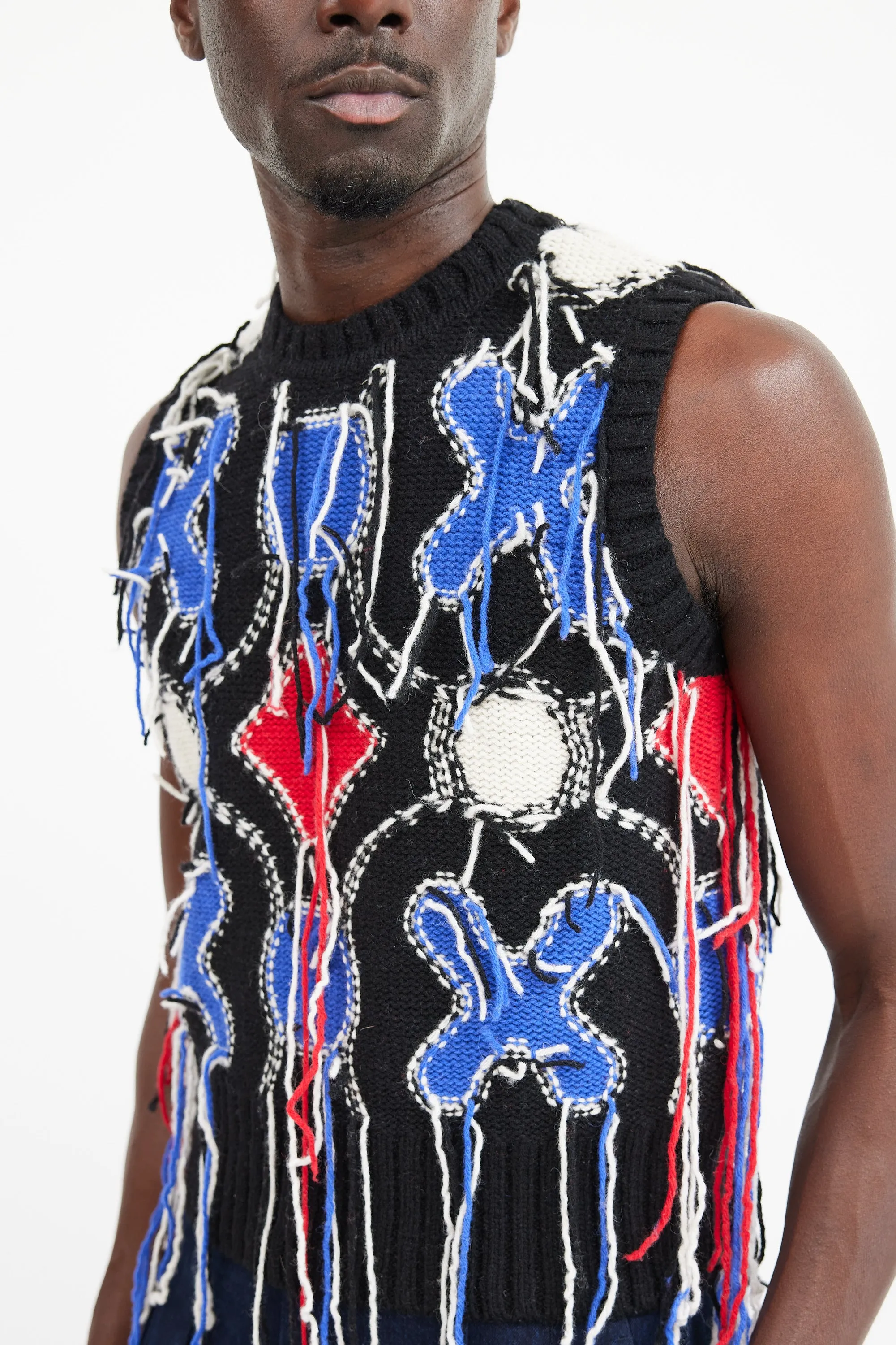 Black & Multicolour Wool Fringe Knit Vest