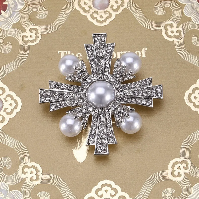 Classic Fashion Enamel Baroque Cross Pearl Brooches Pins Women Men