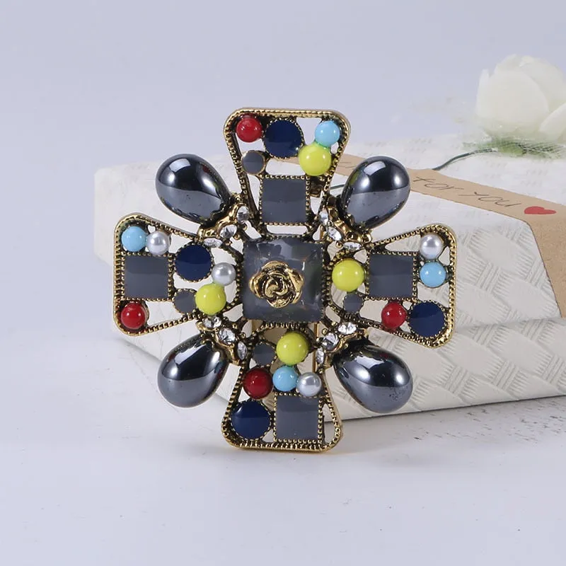 Classic Fashion Enamel Baroque Cross Pearl Brooches Pins Women Men