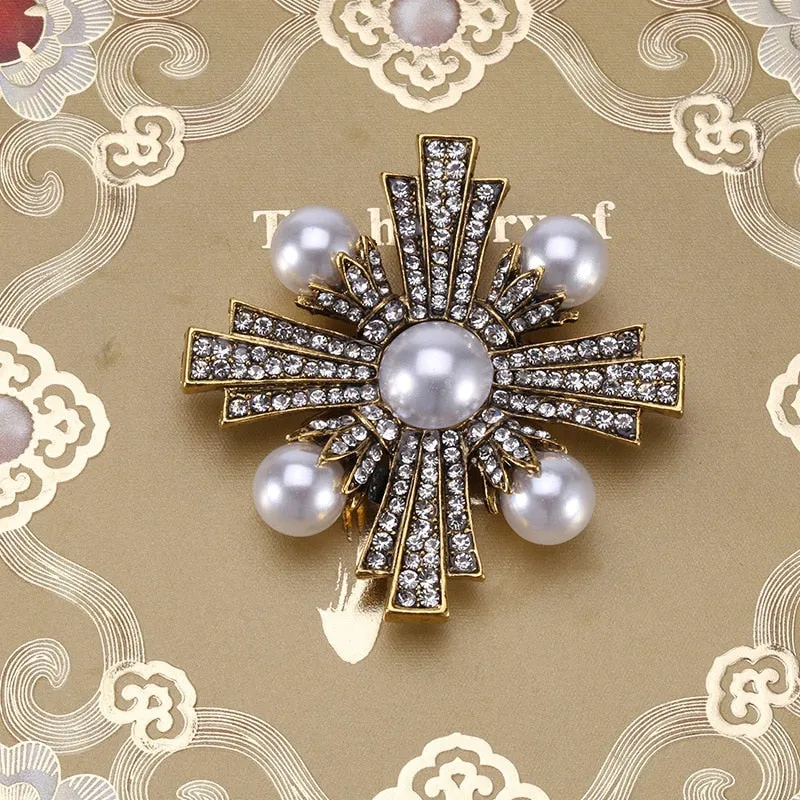 Classic Fashion Enamel Baroque Cross Pearl Brooches Pins Women Men