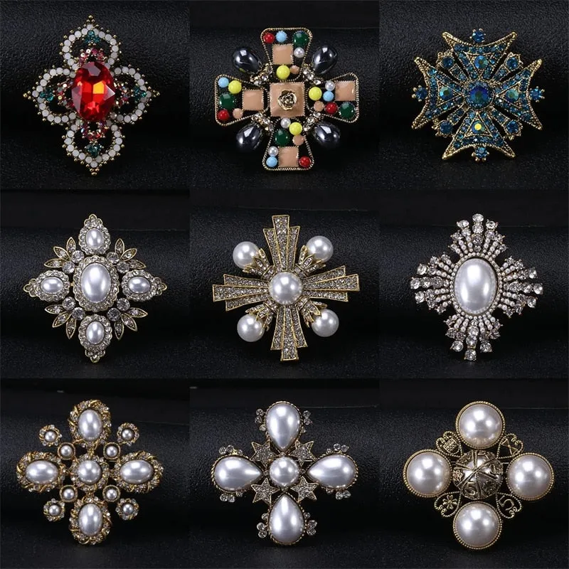 Classic Fashion Enamel Baroque Cross Pearl Brooches Pins Women Men
