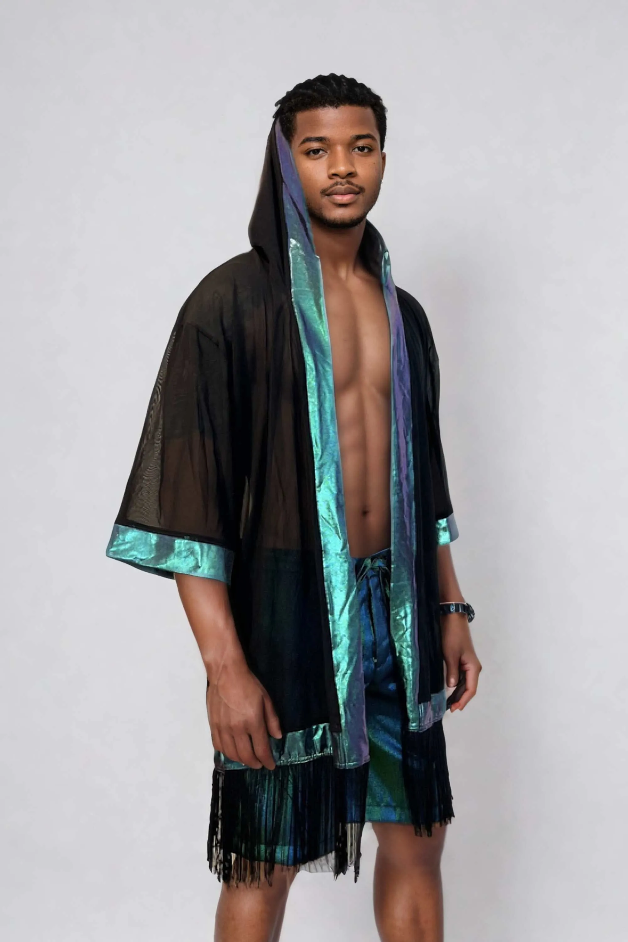 Cosmic Drifter Mesh Kimono with Fringe