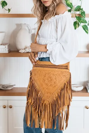 FLOWER FRINGE BAG TAN