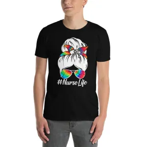 Grab This "Nurse Life Funny Messy Bun Hair colorful Glasses t-shirt