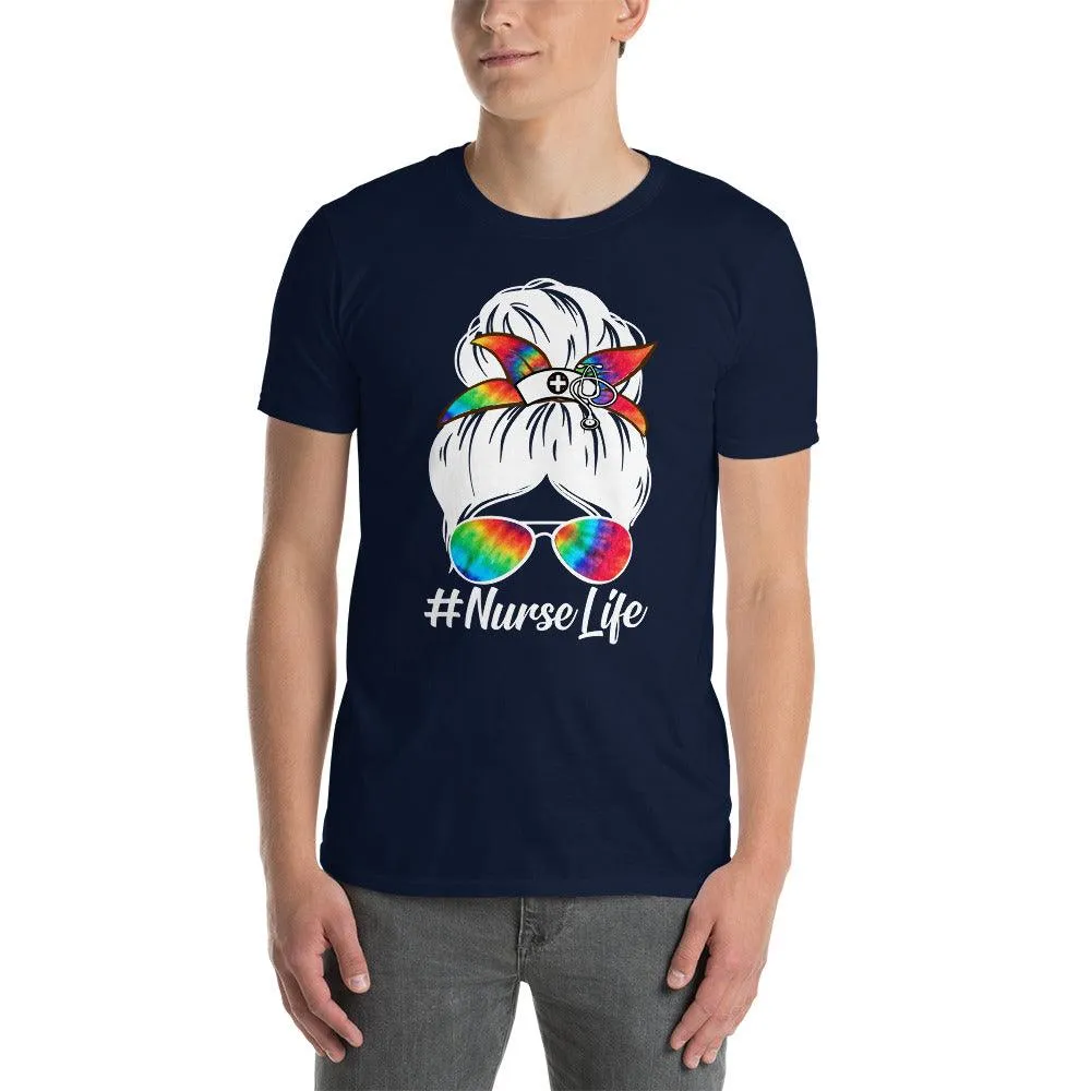 Grab This "Nurse Life Funny Messy Bun Hair colorful Glasses t-shirt