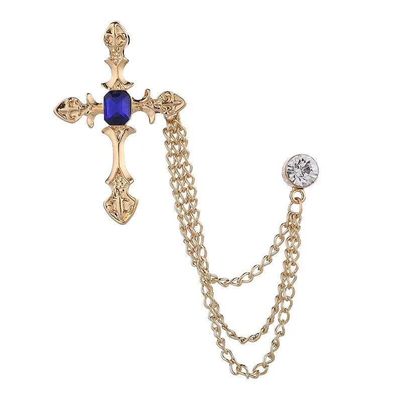 Korean New High-end Metal Cross Brooch Crystal Rhinestone Tassel Chain Lapel Pin Fashion Men