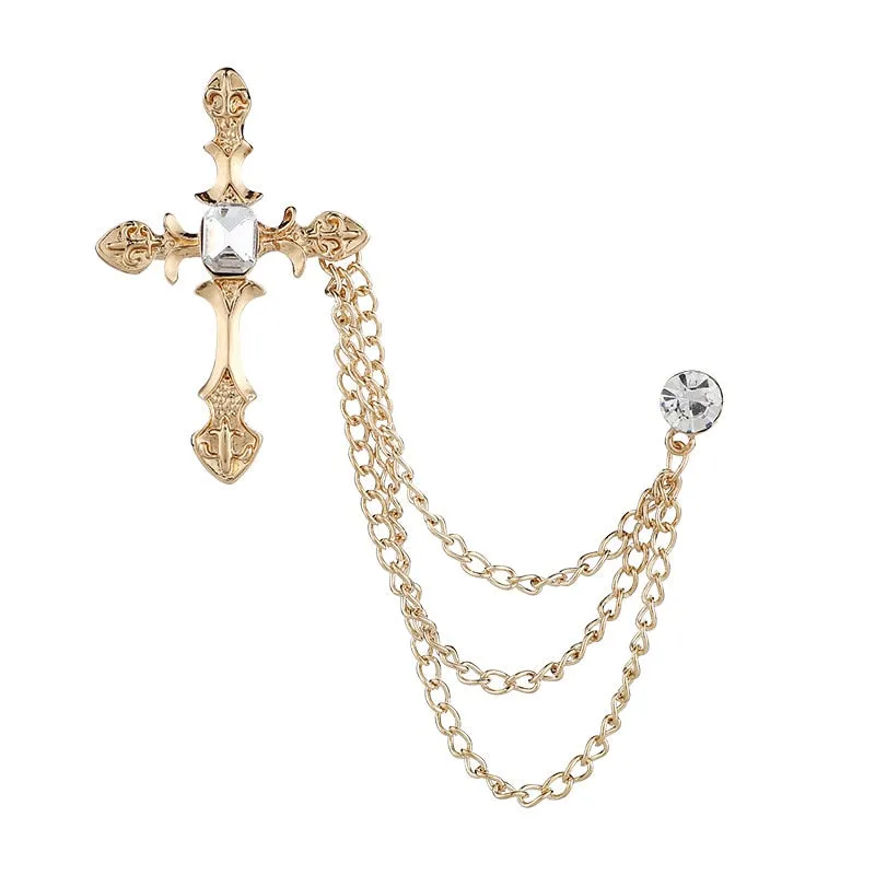 Korean New High-end Metal Cross Brooch Crystal Rhinestone Tassel Chain Lapel Pin Fashion Men