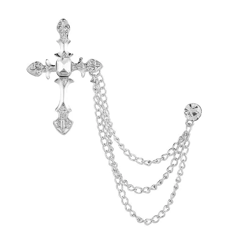 Korean New High-end Metal Cross Brooch Crystal Rhinestone Tassel Chain Lapel Pin Fashion Men