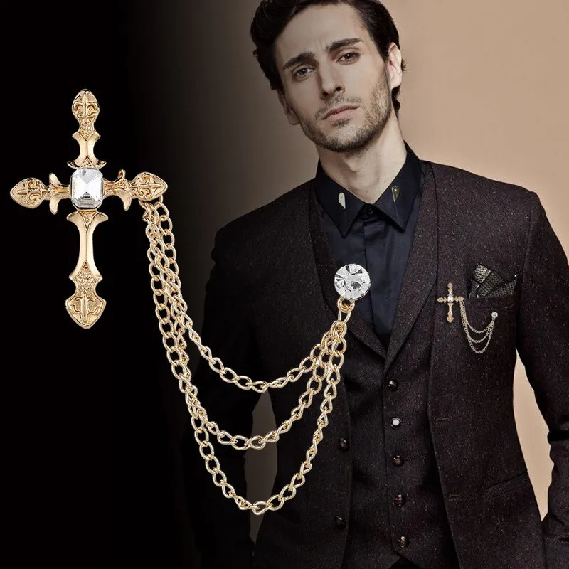 Korean New High-end Metal Cross Brooch Crystal Rhinestone Tassel Chain Lapel Pin Fashion Men