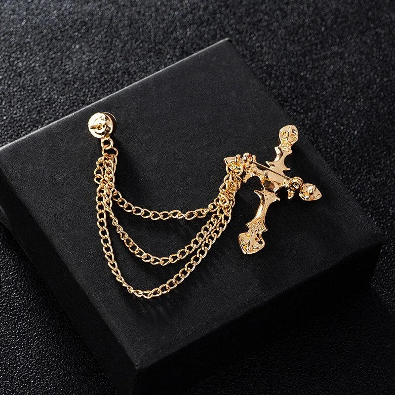 Korean New High-end Metal Cross Brooch Crystal Rhinestone Tassel Chain Lapel Pin Fashion Men