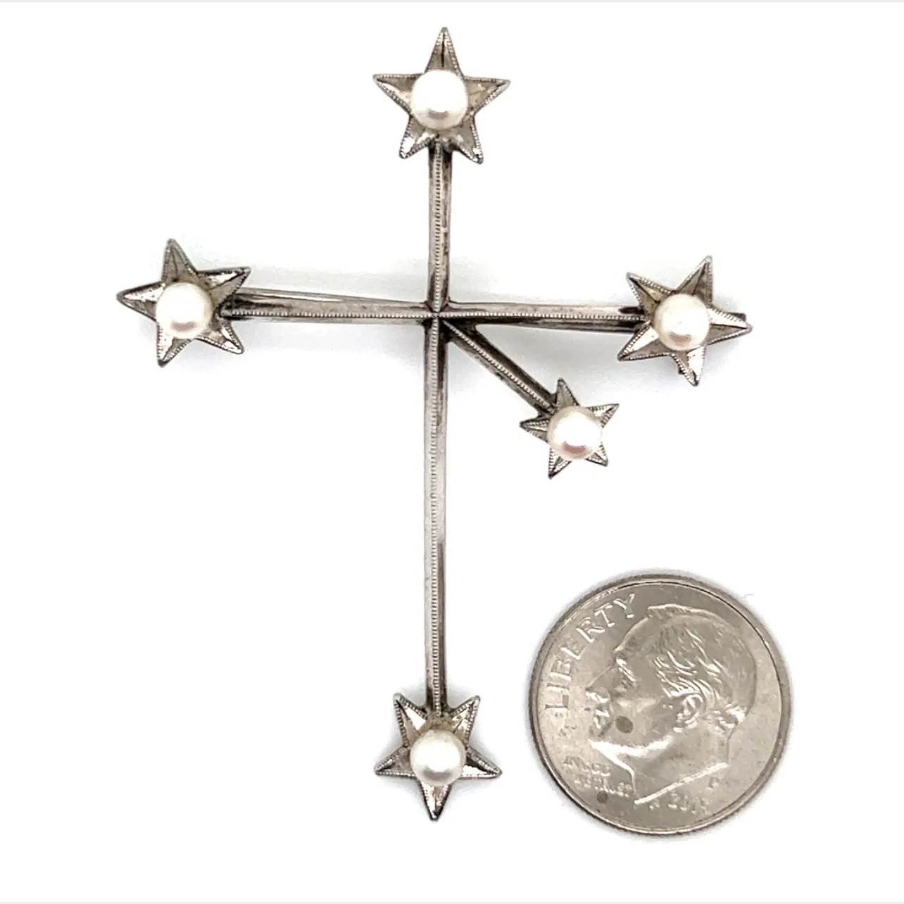 Mikimoto Estate Akoya Pearl Cross Brooch Sterling Silver 4 mm M320