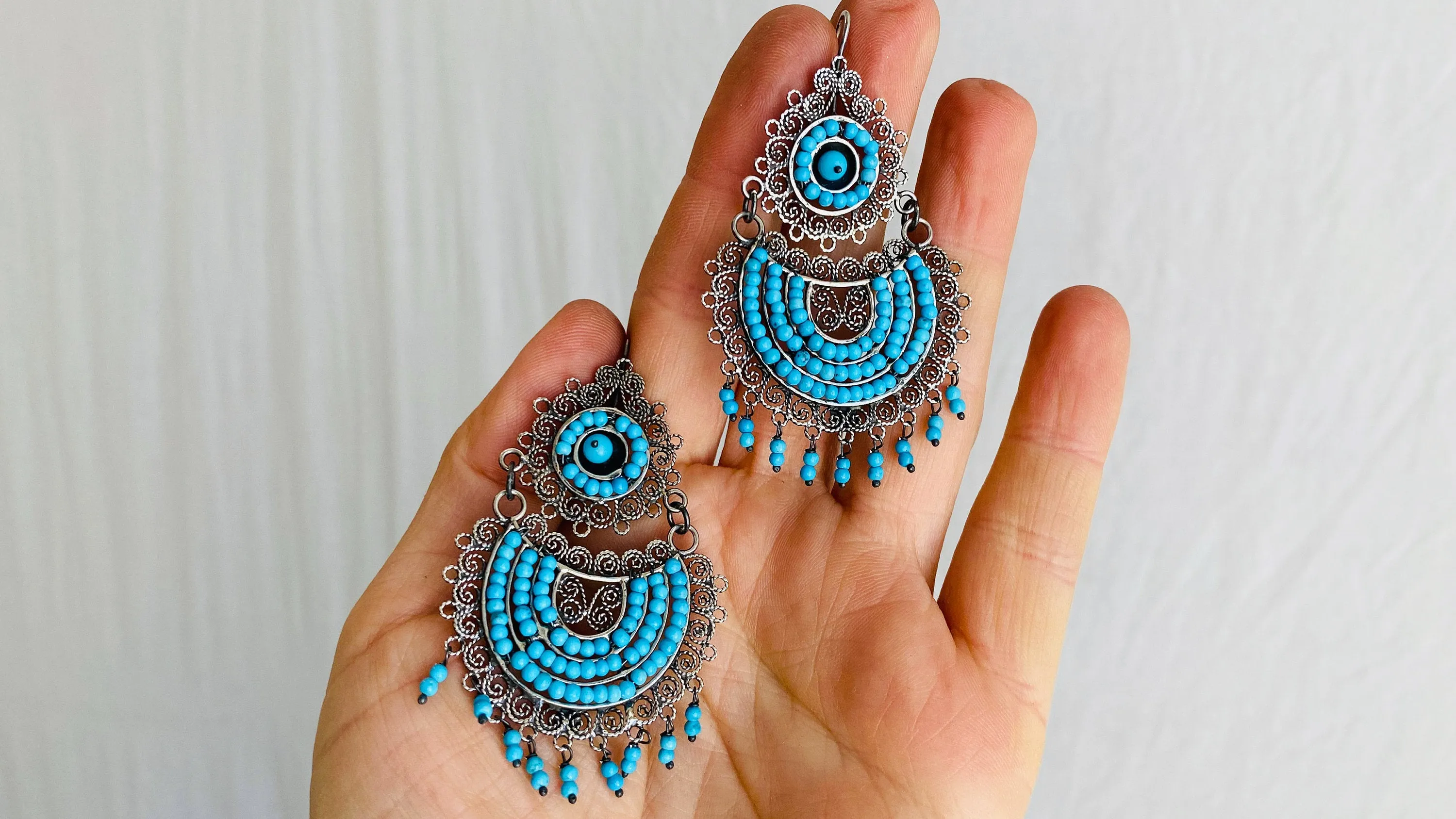 Oaxacan Filigree Earrings. Turquoise. Sterling Silver. Mexico. Frida Kahlo