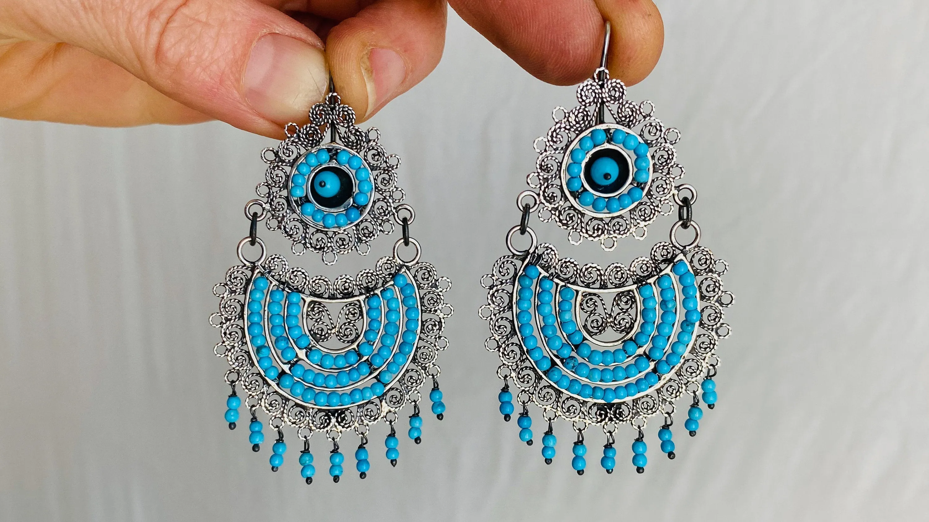 Oaxacan Filigree Earrings. Turquoise. Sterling Silver. Mexico. Frida Kahlo