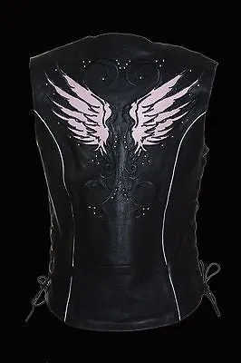 WOMEN'S MOTORCYCLE RIDING PINK LEATHER VEST W/ STUD & WINGS DETAILING SIDE LACE